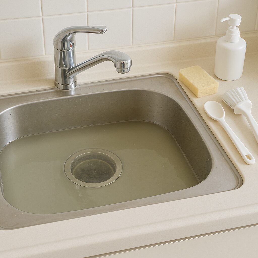 キッチンの排水口つまりに悩んでいる様子と掃除道具