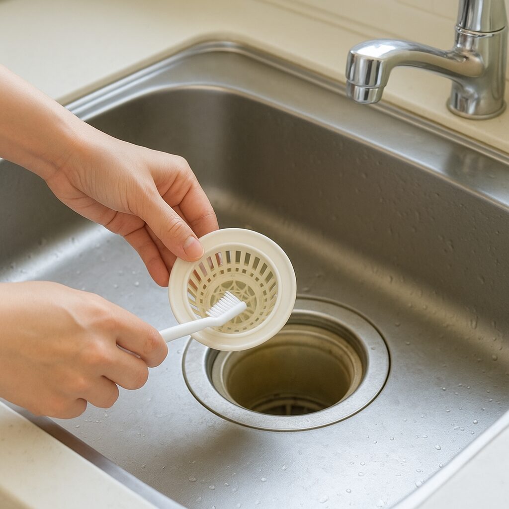 排水口のごみ受けを掃除している様子