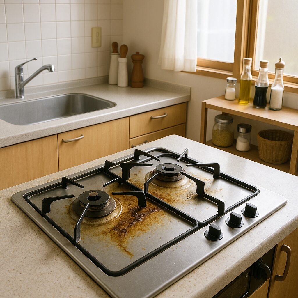 油汚れが目立つキッチンコンロ周りの様子