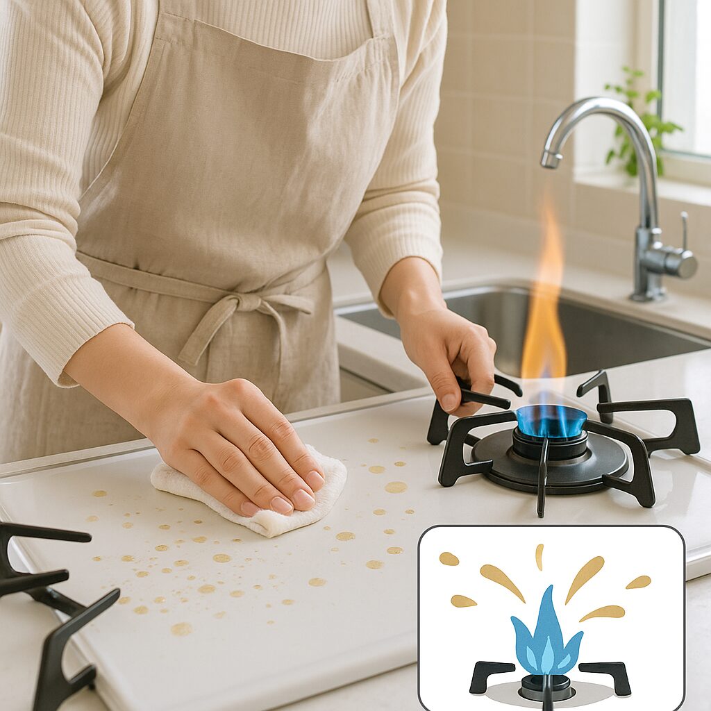 コンロで調理中に油が飛び散る仕組みのイラスト