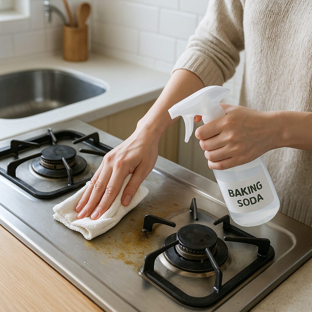 重曹スプレーでキッチンコンロの油汚れを落としているところ