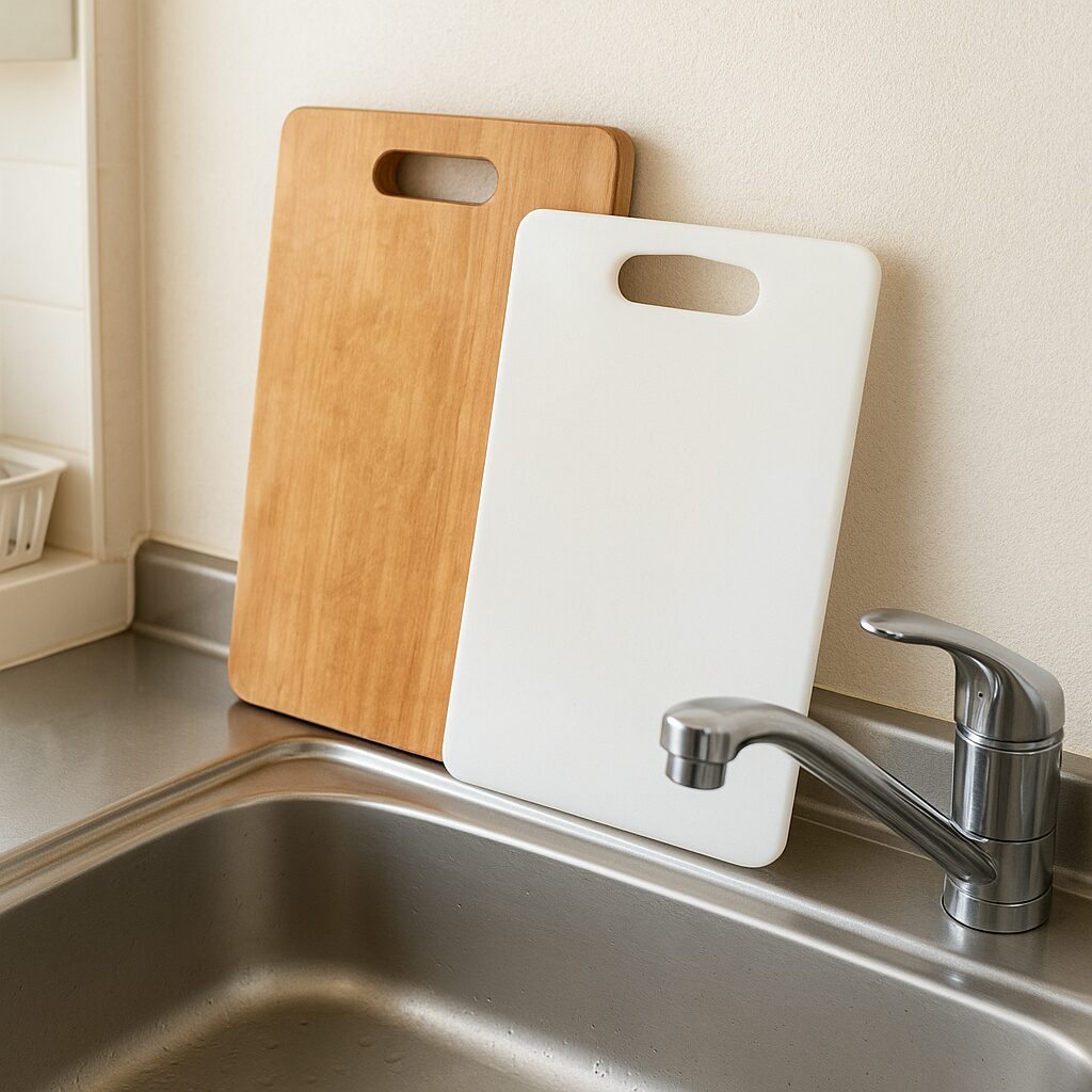 キッチンのシンク横に置かれた木製とプラスチック製のまな板