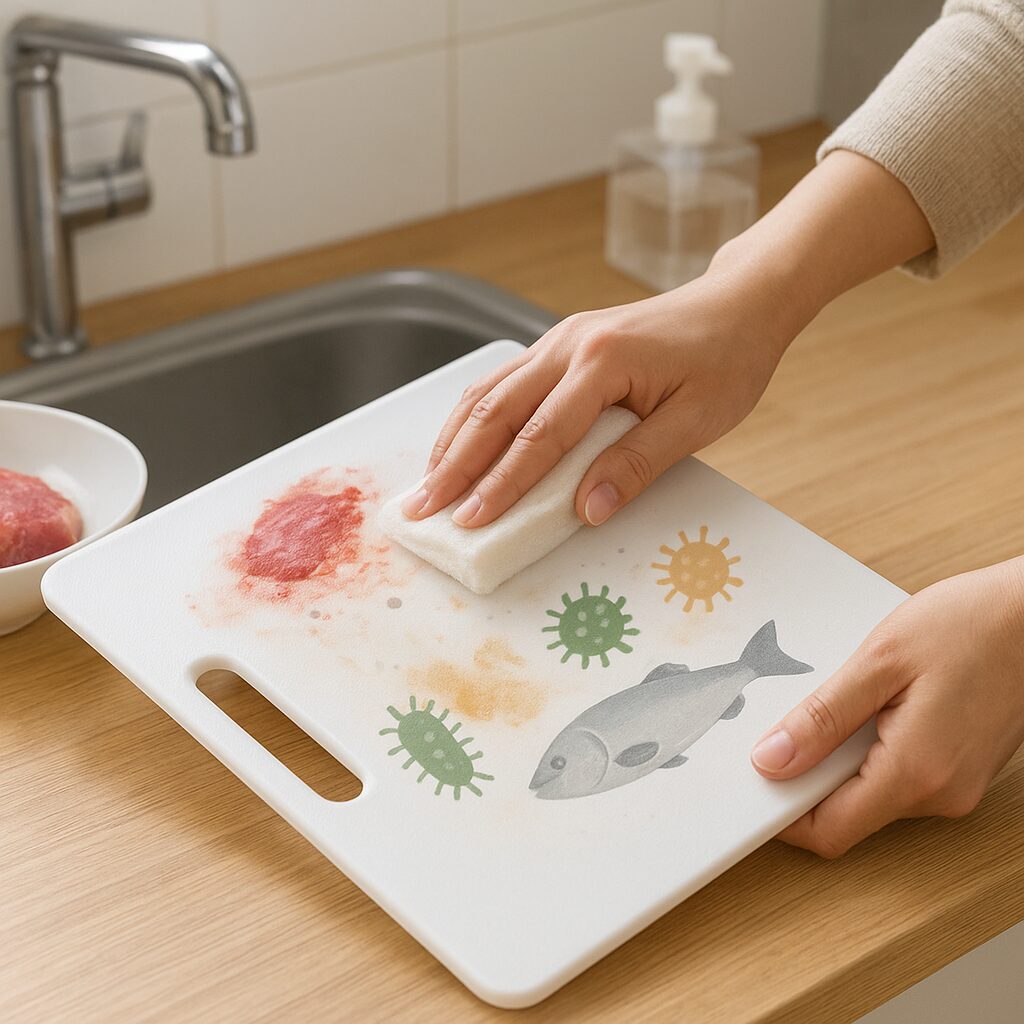 肉や魚の汚れと菌が付着したまな板のイメージ図