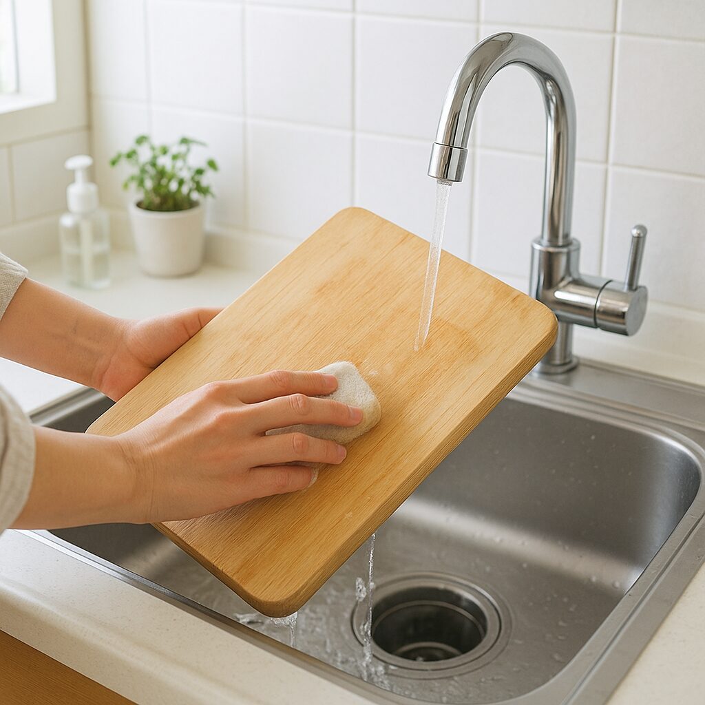 キッチンのシンクでまな板の臭いを掃除している様子