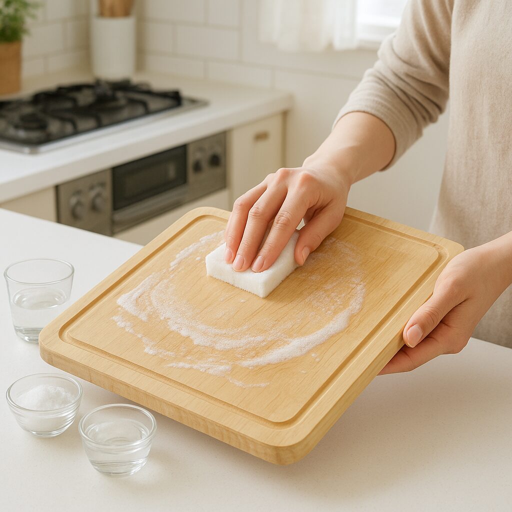 まな板の臭いを取るために重曹と塩でこすり洗いしている様子