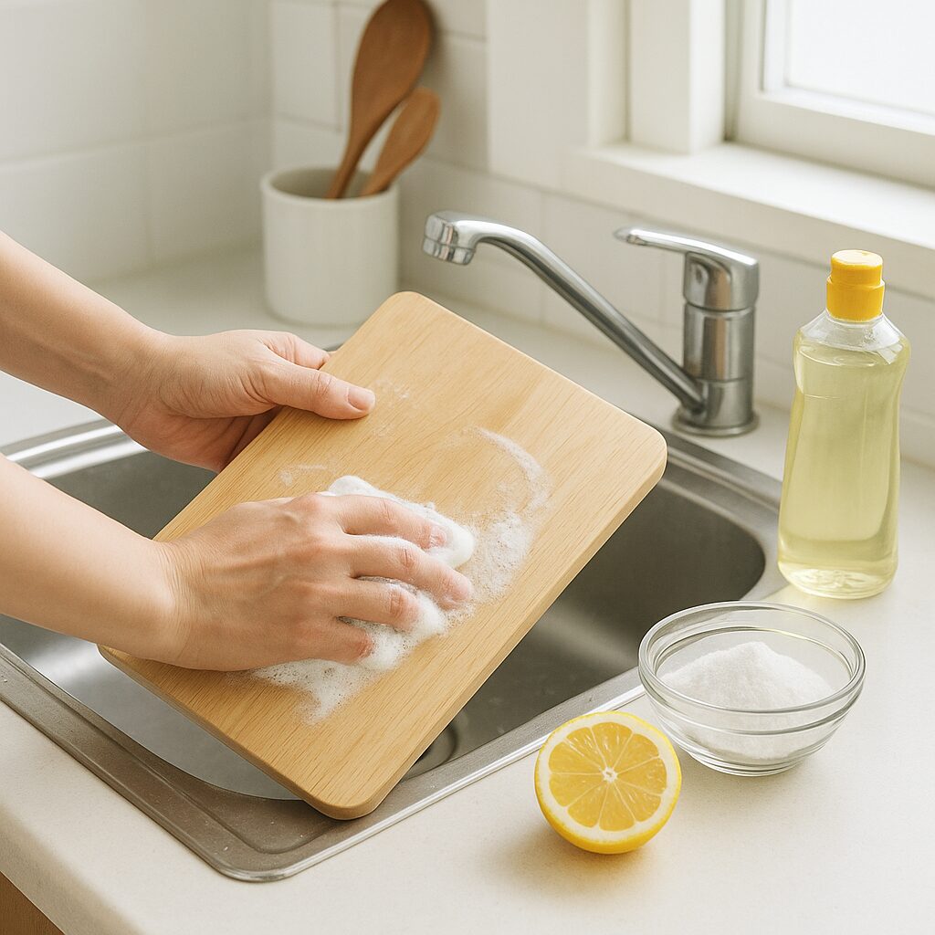 キッチンでまな板の臭い対策をしているイメージ写真