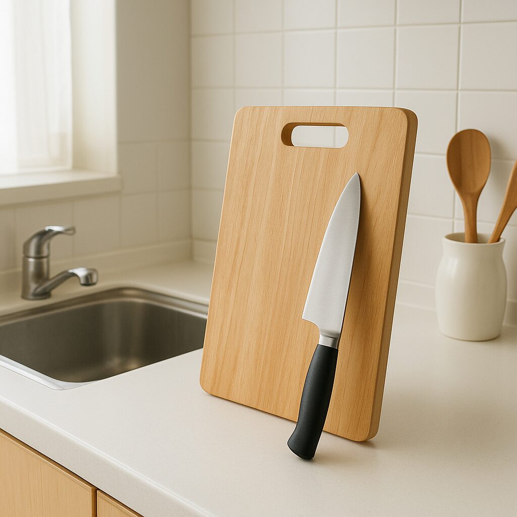 清潔に乾燥されて立てかけられたまな板と包丁が置かれたキッチン