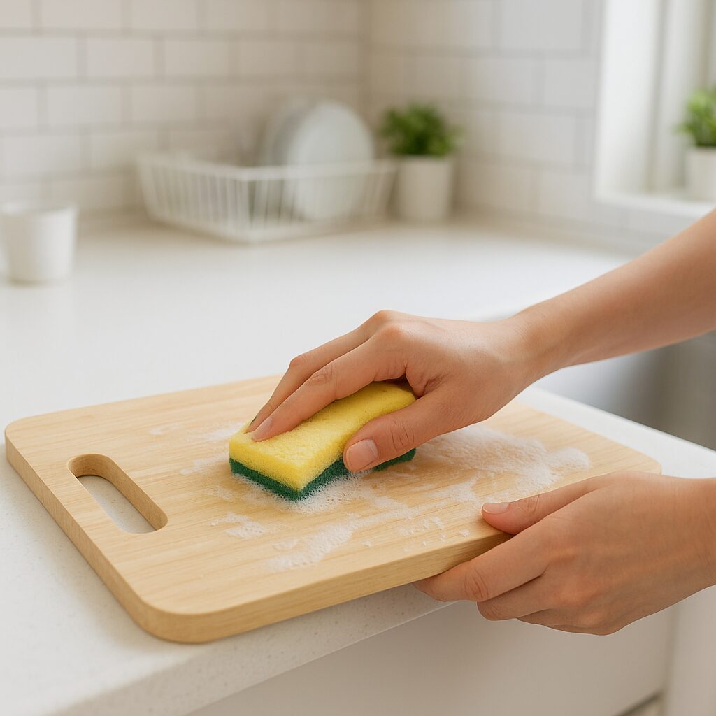 スポンジと食器用洗剤でまな板の表面をしっかりこすり洗いしている様子