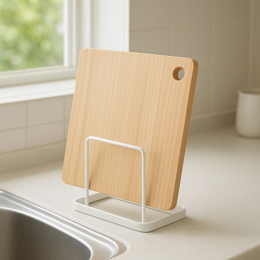 まな板をスタンドに立てかけて風通しの良い場所で乾燥させている様子