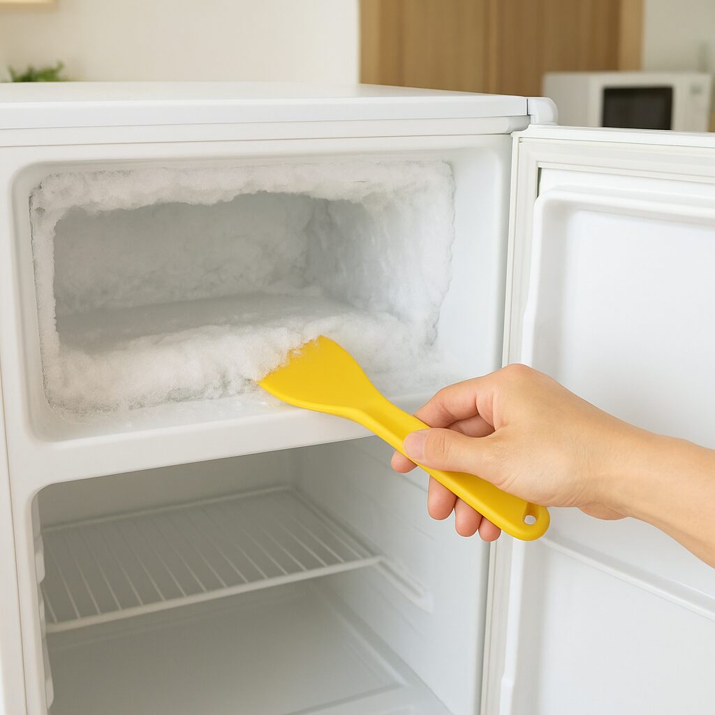 冷蔵庫の冷凍室で霜取りをしている様子