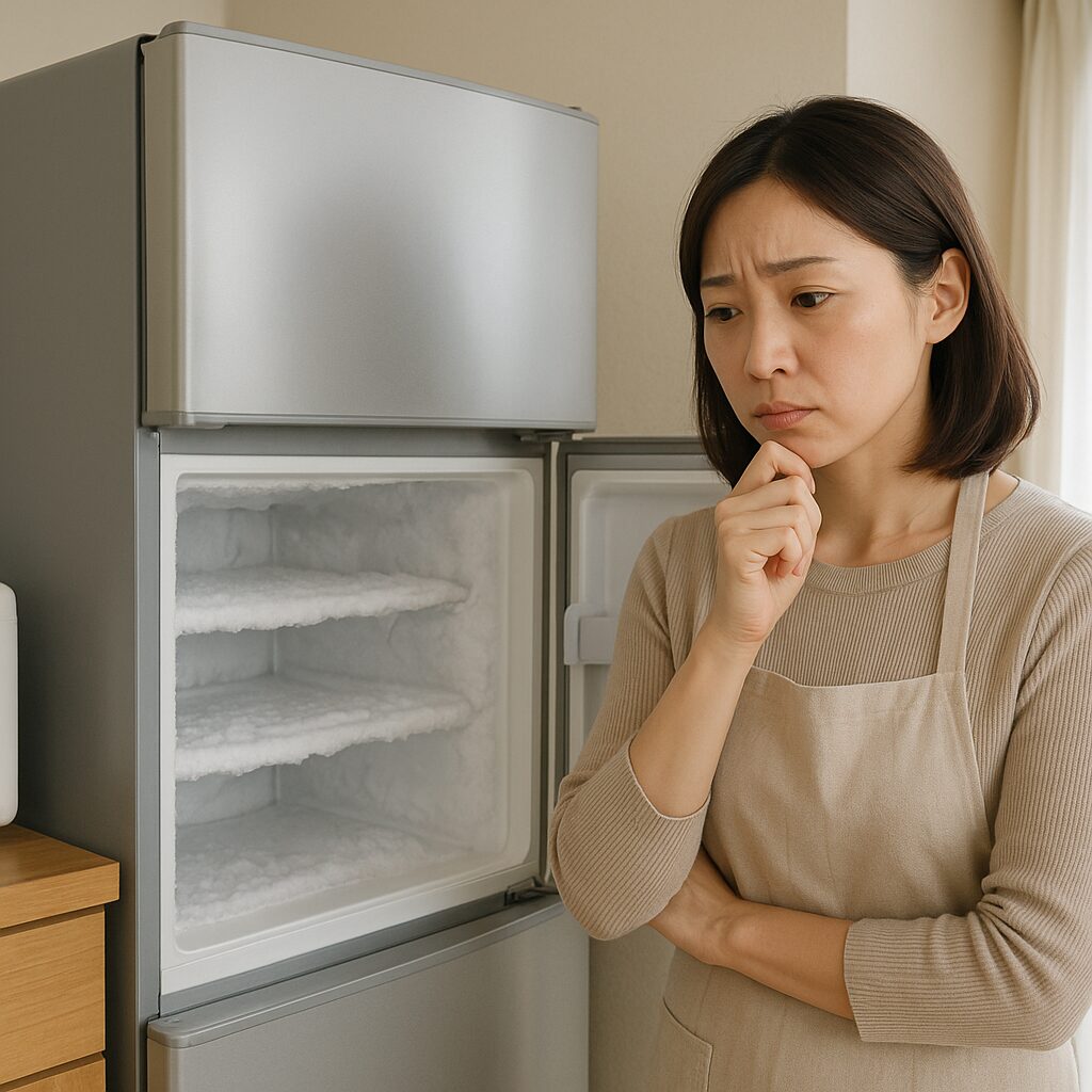 霜がびっしりついた冷凍室の引き出しを開けて困っている人
