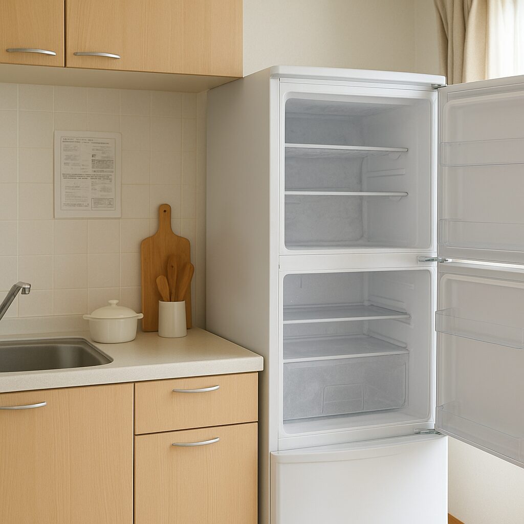 霜が少なくきれいに保たれた冷蔵庫と整ったキッチン