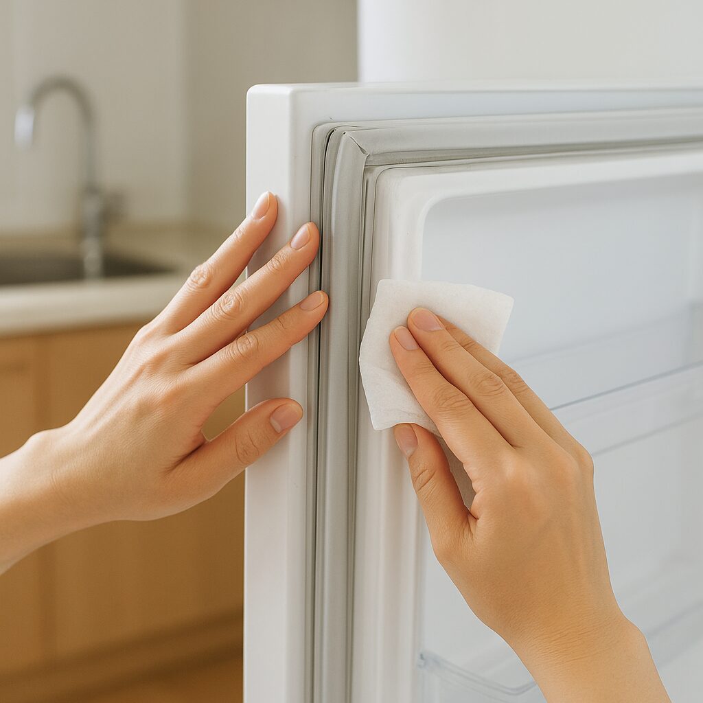 霜を予防するために冷蔵庫のパッキンを拭き掃除している手元