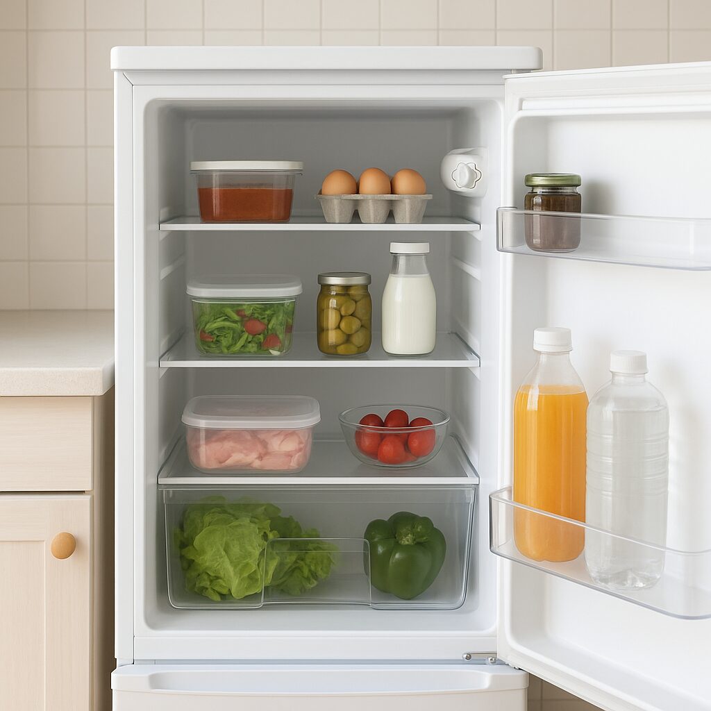 霜予防のために詰め込みすぎず整理された冷蔵庫内部と温度設定つまみ