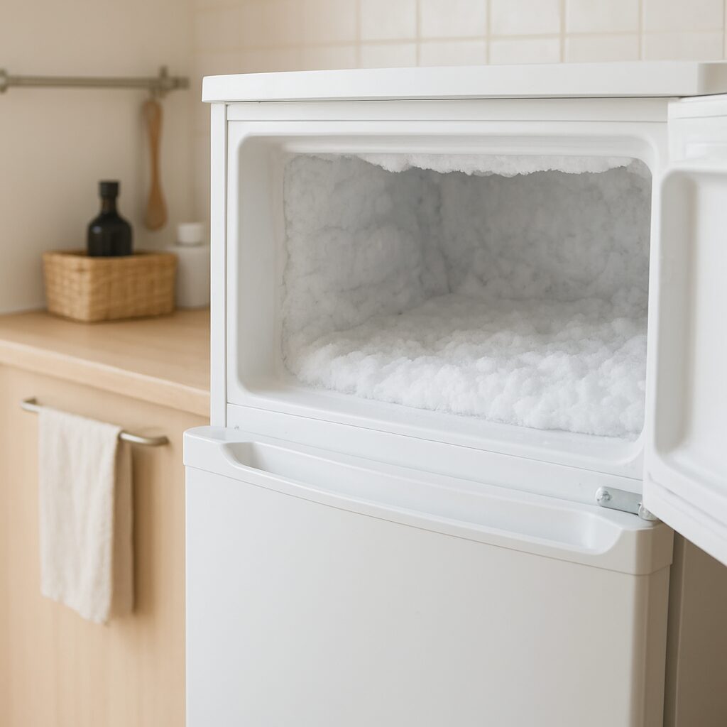 冷蔵庫の冷凍室にびっしりついた霜の様子