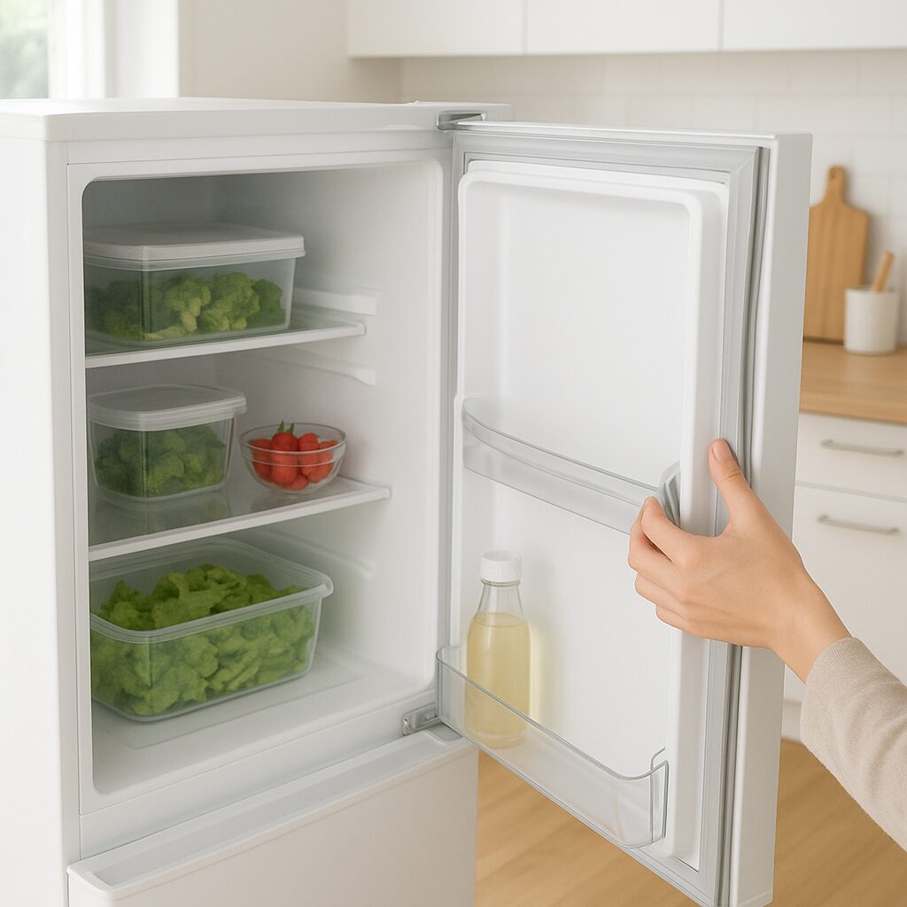 整理整頓された冷蔵庫とドアパッキンをチェックする手元