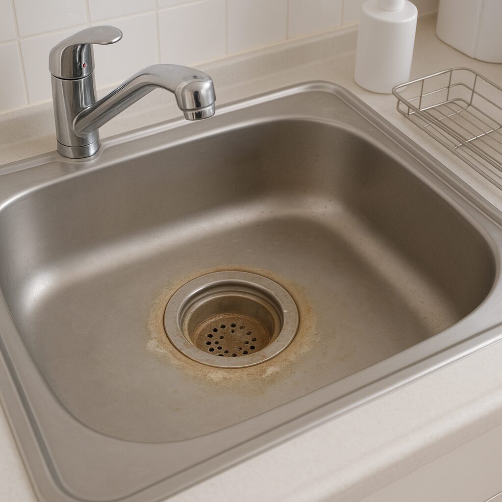 ぬめりが気になるキッチンシンクと排水口の様子