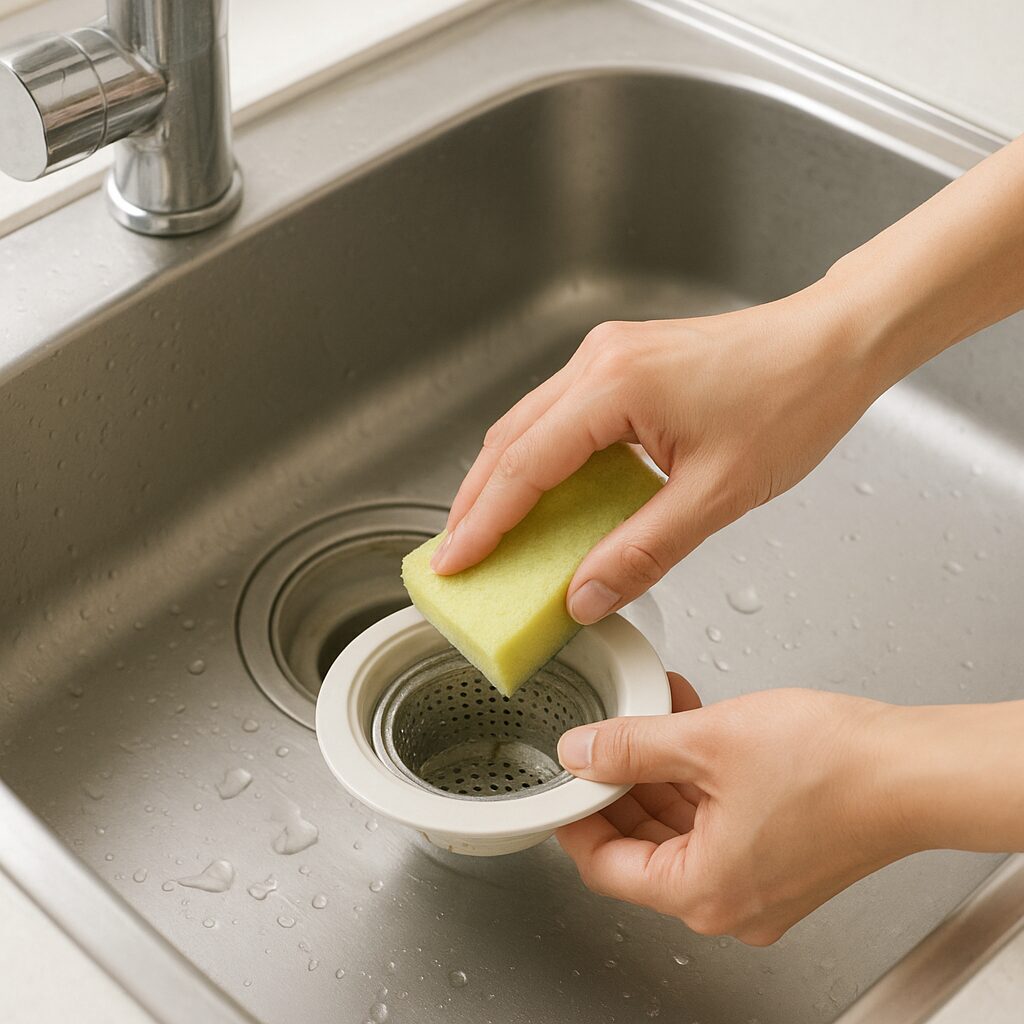 シンクのぬめりをスポンジで掃除している手元