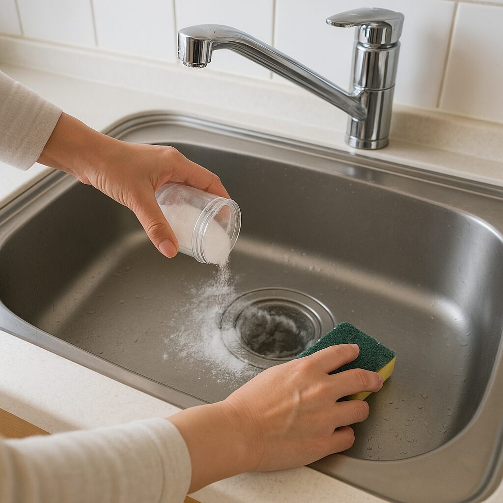 重曹とスポンジでシンクのぬめりを掃除している様子
