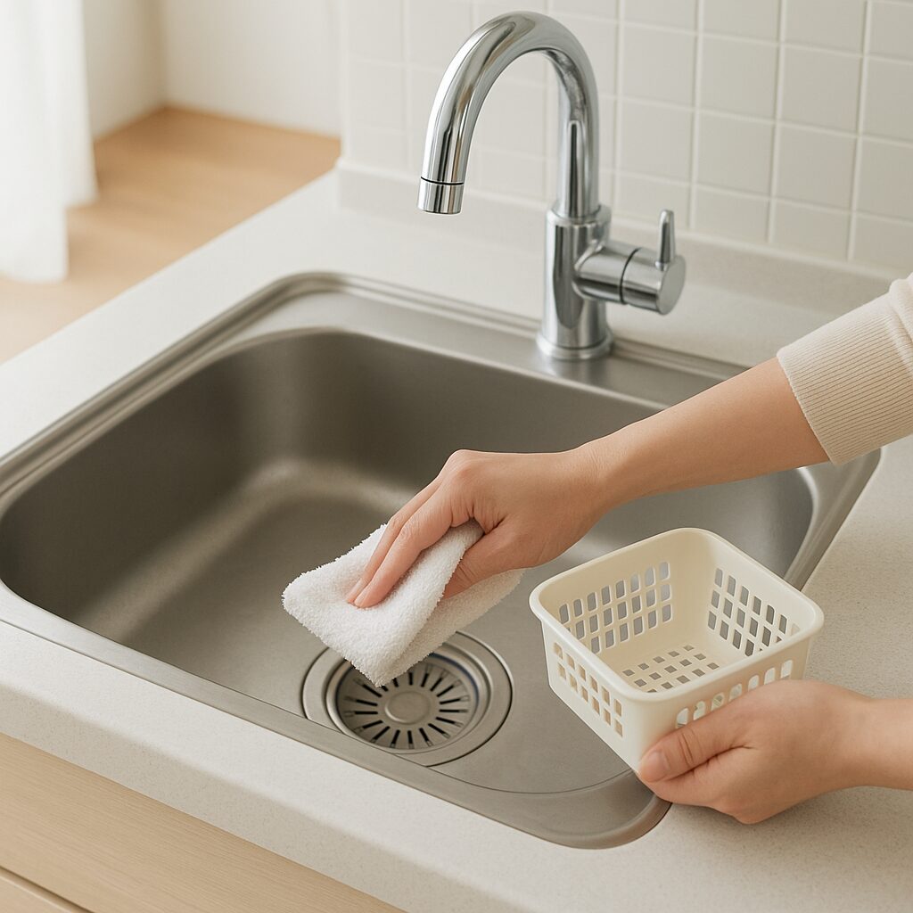 キッチンシンクを拭き上げてぬめりを予防している様子