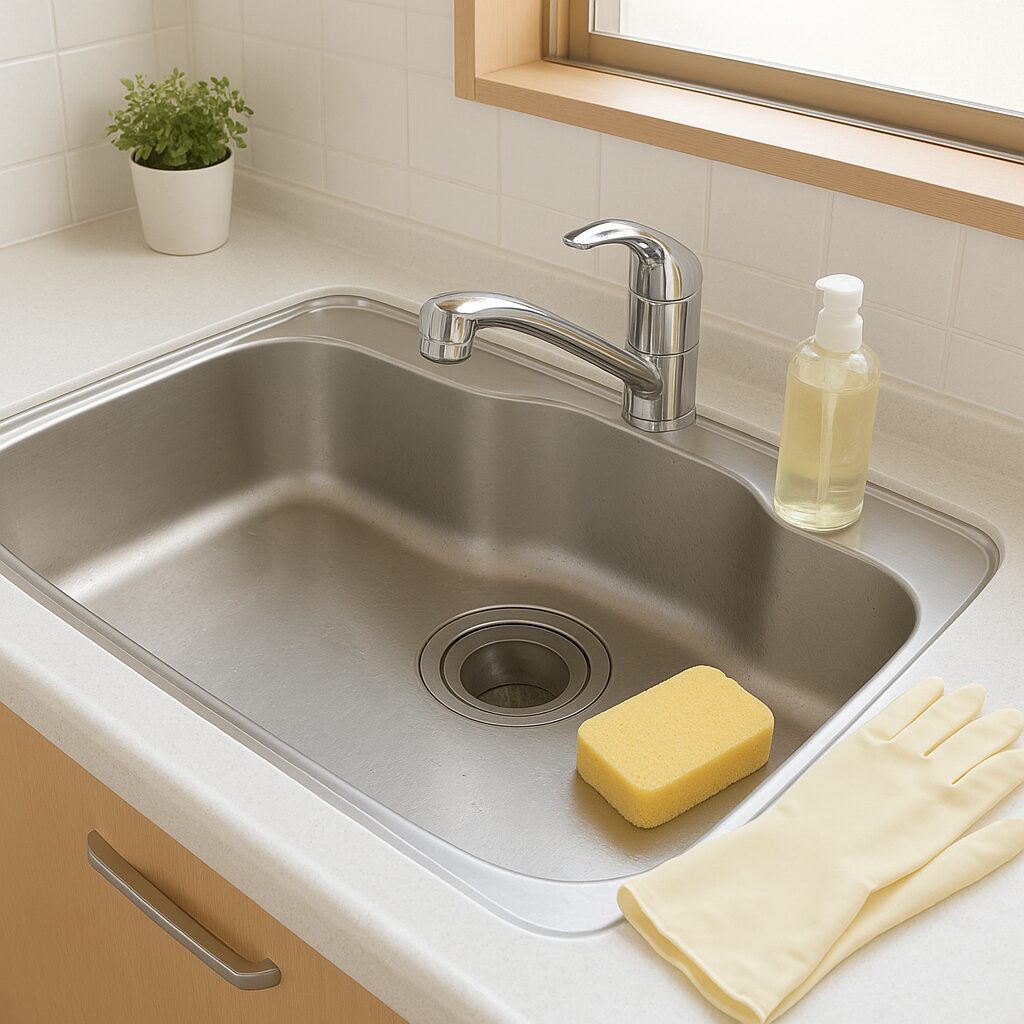 ぬめりのない清潔なキッチンシンクと掃除道具