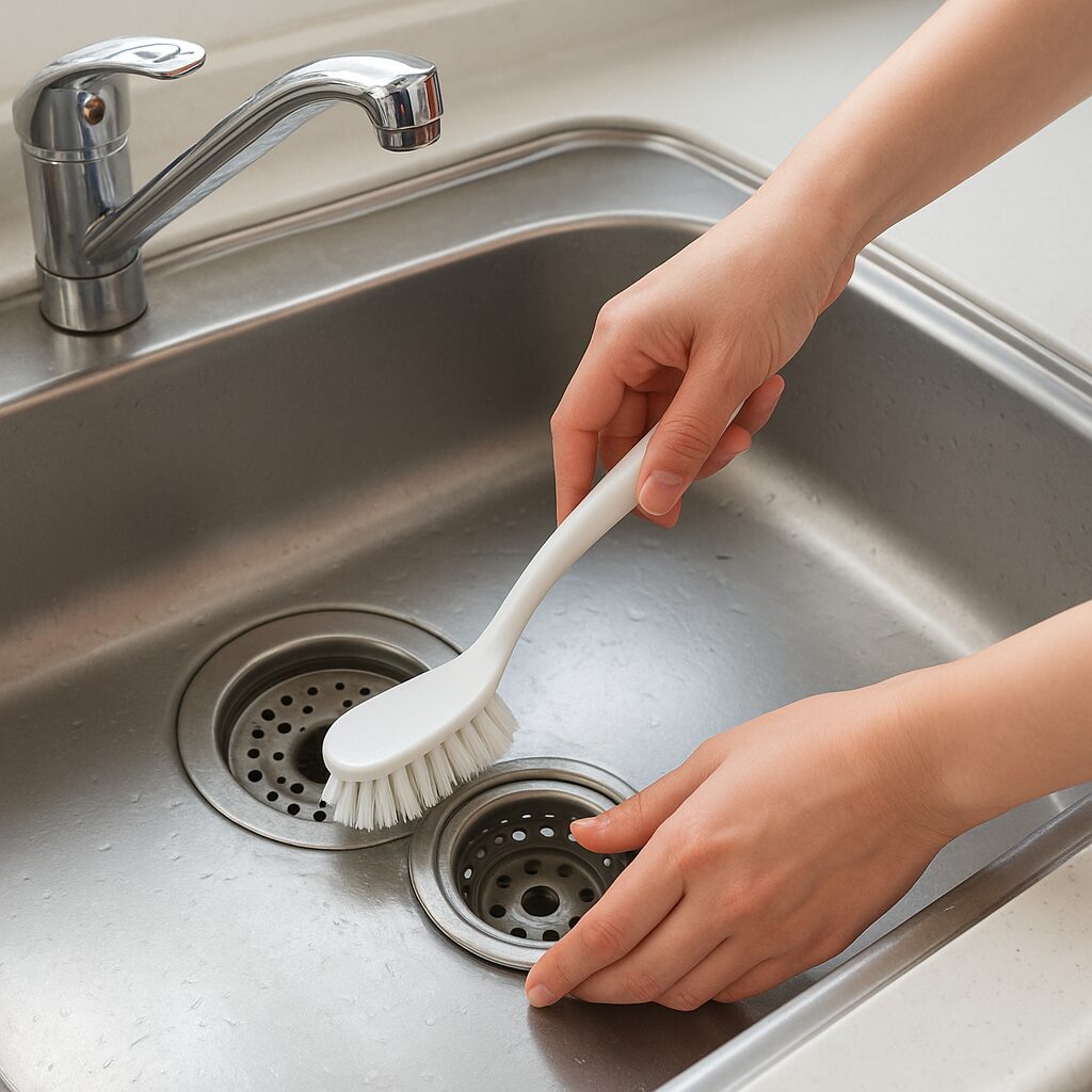 シンク排水口のぬめりを掃除している様子