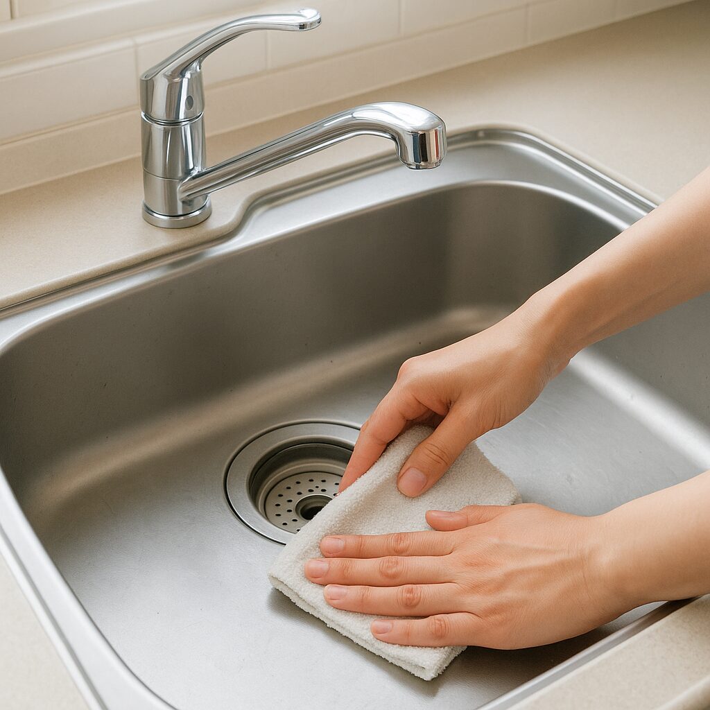 シンクのぬめり予防のためにシンクを拭き上げる様子