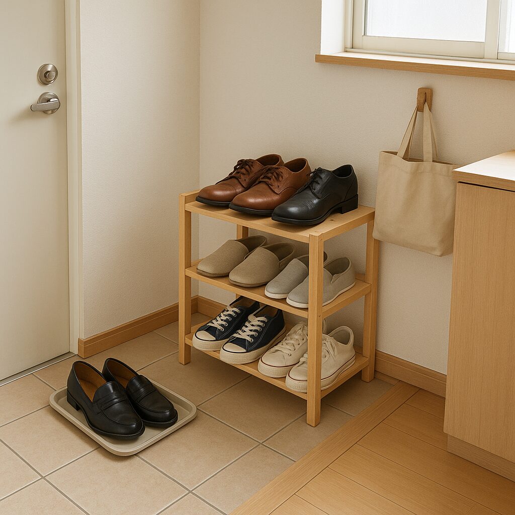 狭い玄関に省スペースの靴収納を工夫している様子