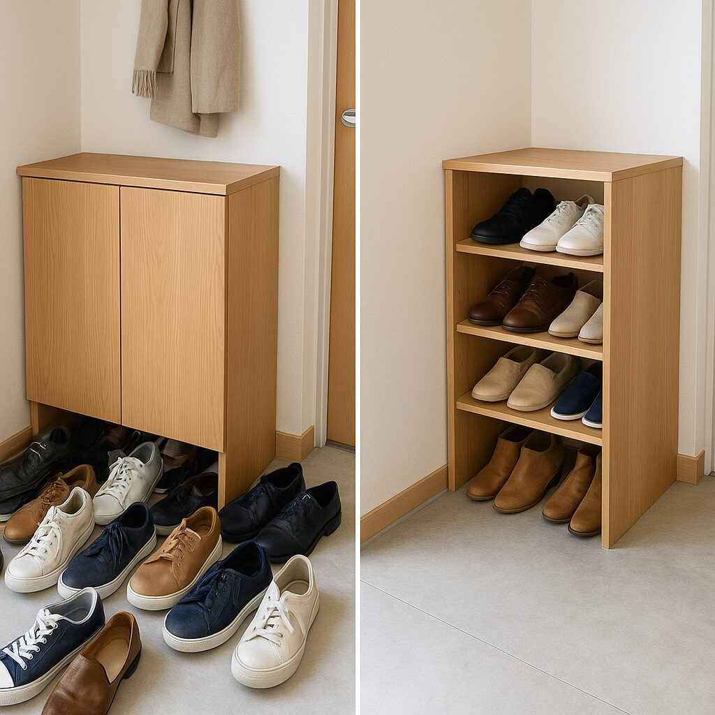 靴収納不足で散らかった玄関と、靴収納を見直してすっきりした玄関の比較