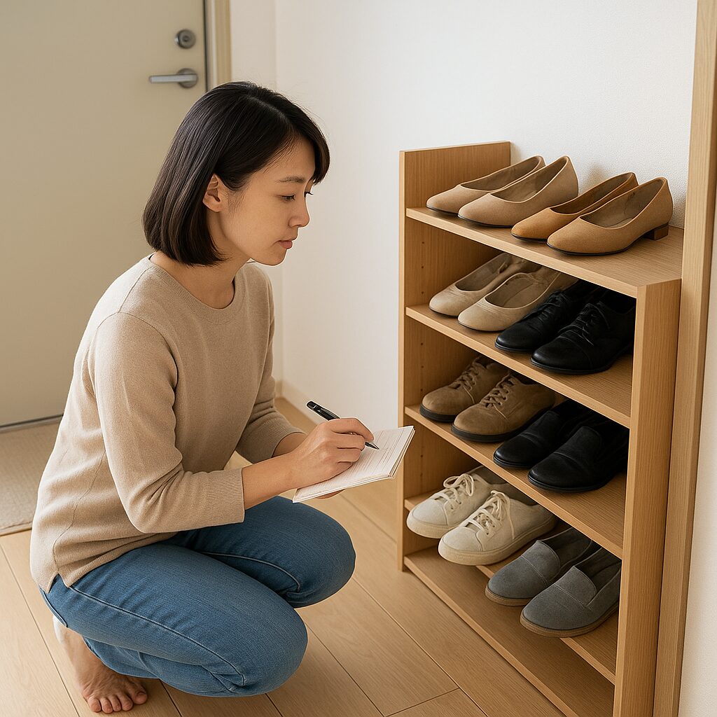 靴の数を管理しながら季節ごとに入れ替えることで靴収納不足を予防している様子