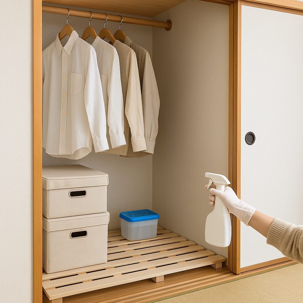 除湿剤とすのこを置いてカビ予防をしている押入れの中