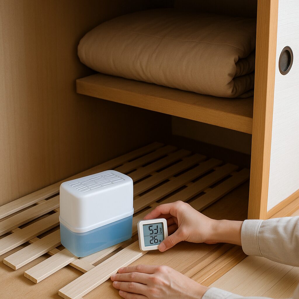 押入れの床にすのこを敷き、除湿剤と湿度計を設置しているところ