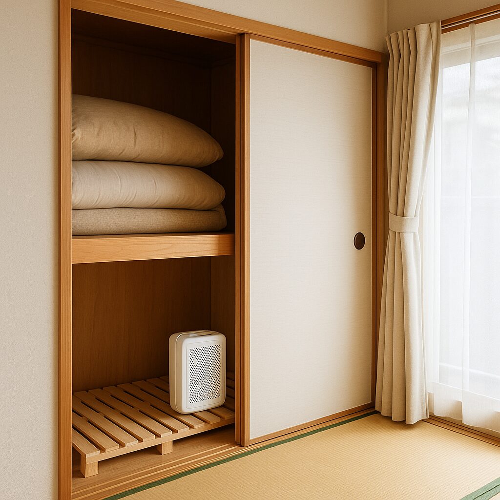 すのこと除湿剤を置いて換気された押入れ内部