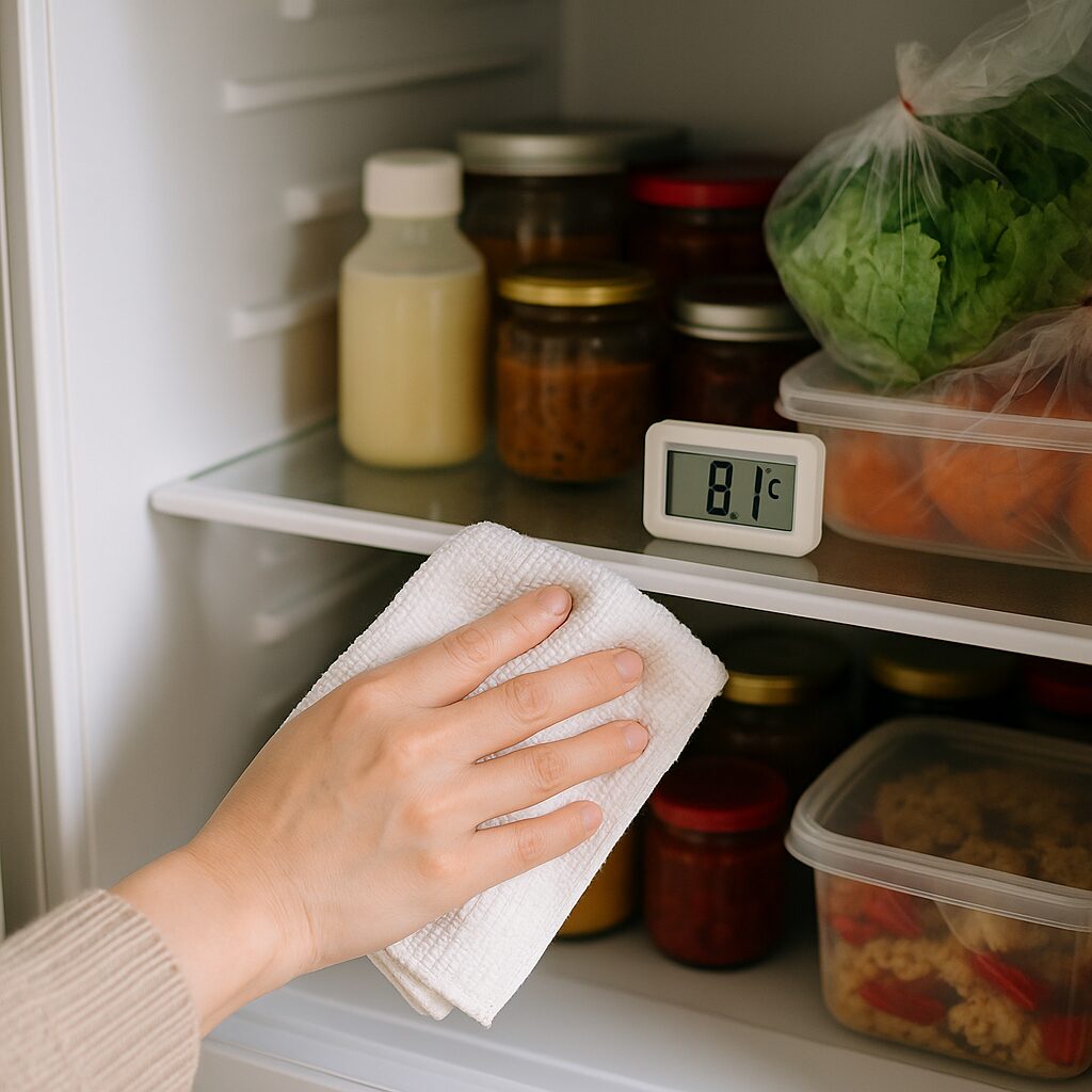 冷蔵庫内のカビ対策として掃除と整理をしている様子