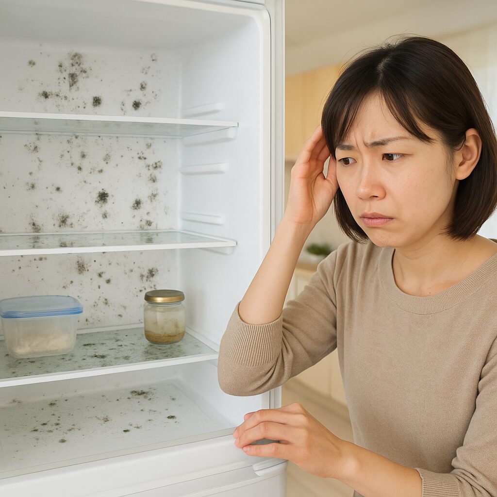 カビが生えた冷蔵庫内を確認している人