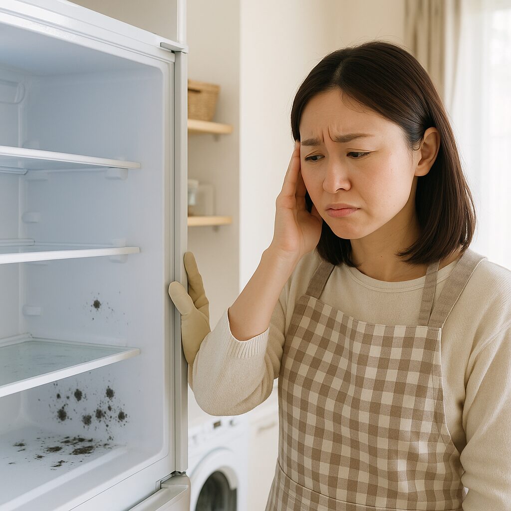 冷蔵庫の棚に生えたカビを見ている人のイメージ