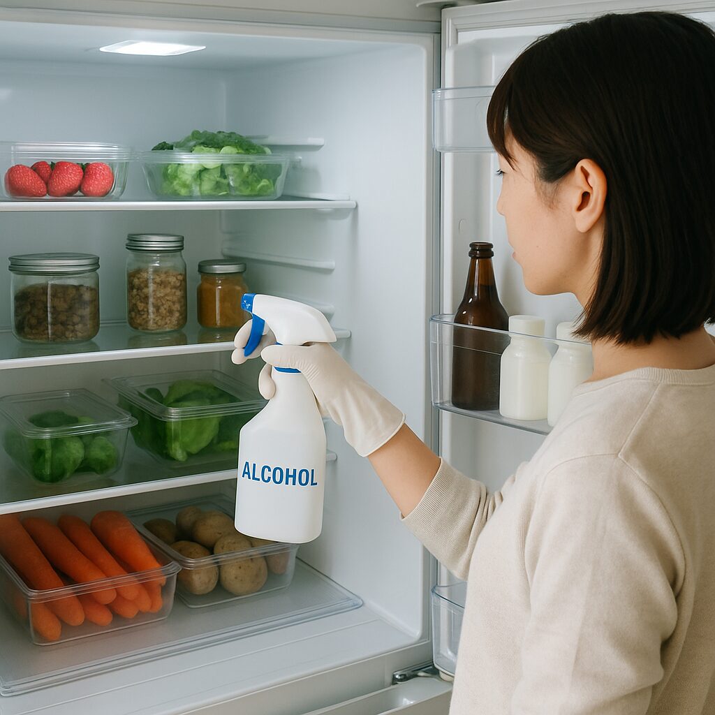 きれいに整理された冷蔵庫とカビ予防のためのスプレー