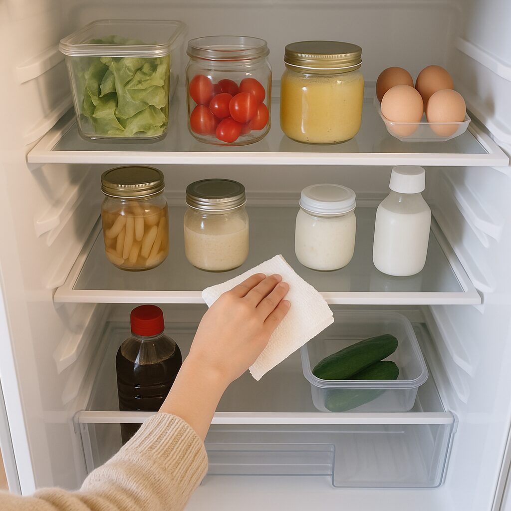 きれいに整理されカビのない冷蔵庫内部の様子