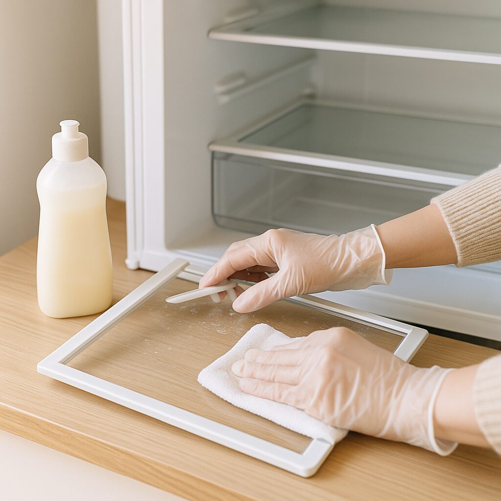 冷蔵庫の棚を外して拭き掃除している手元