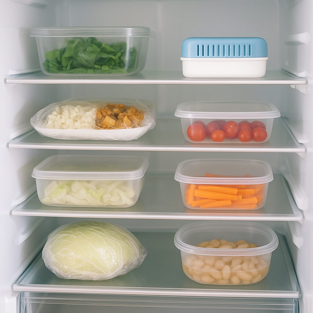 保存容器に入れられた食品と除湿剤が置かれた冷蔵庫内