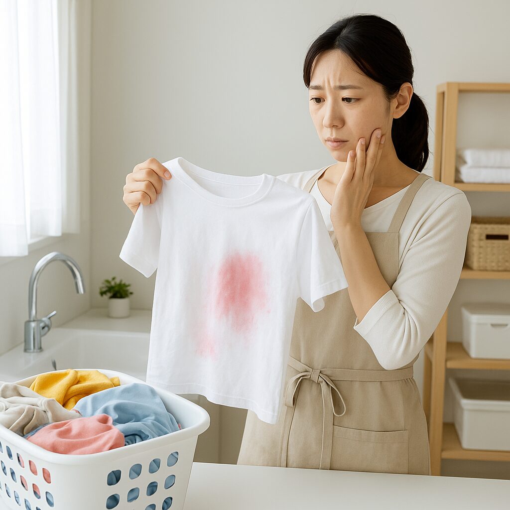 色移りしてピンク色になってしまった白いTシャツと困っている人
