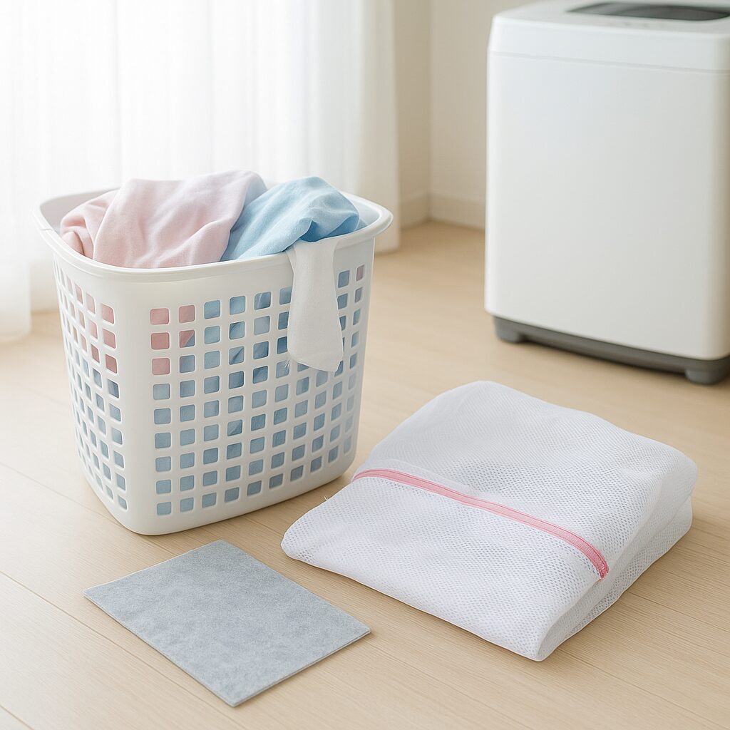 洗濯ネットと色移り防止シートを使って洗濯物を入れている様子