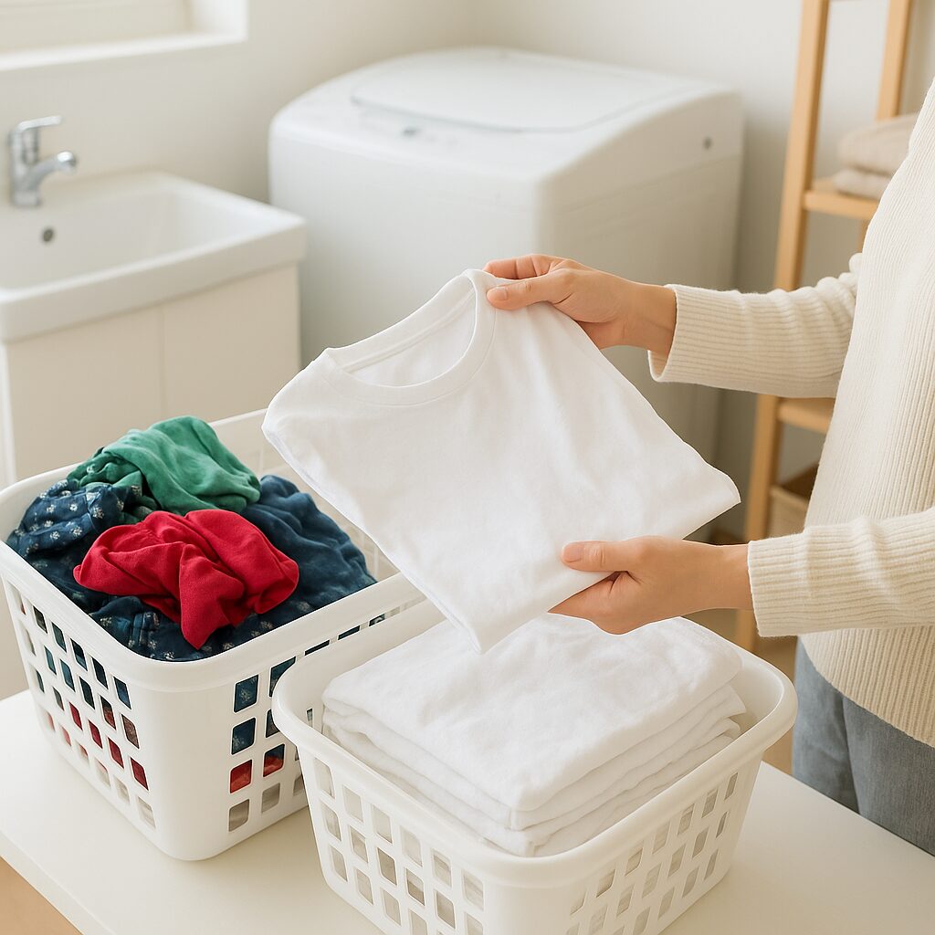 色柄物と白い衣類を分けて洗濯する様子