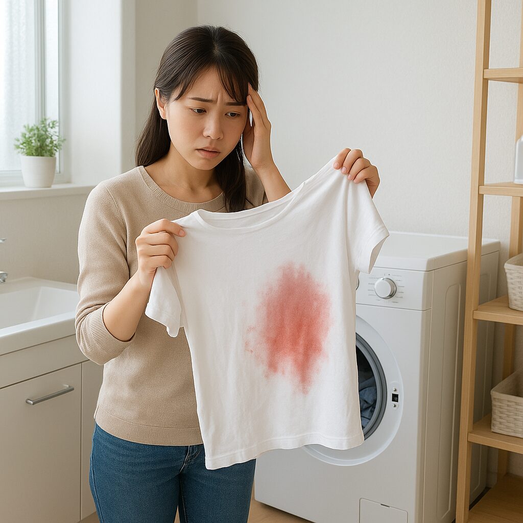 洗濯物の色移りに悩んでいる人と、色移りした衣類が置かれている様子