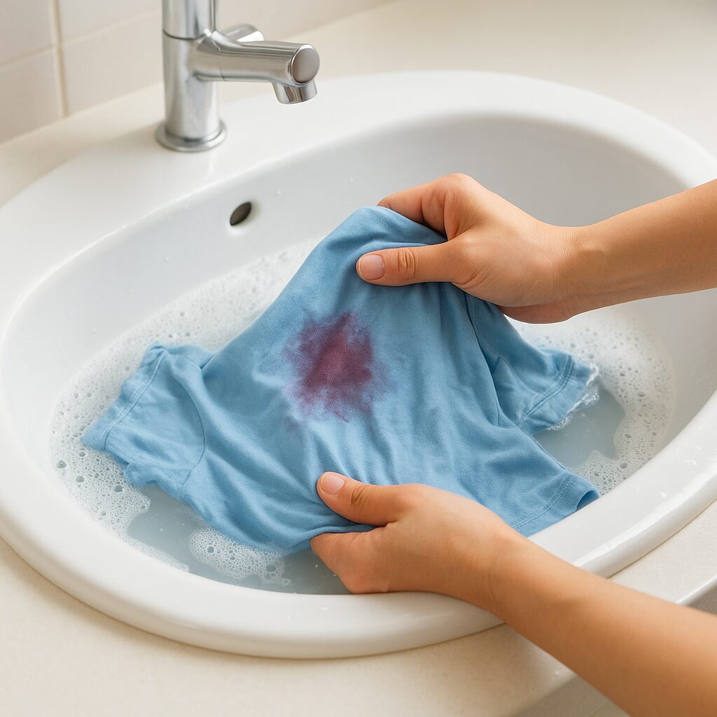 色移りしたTシャツを洗面ボウルでやさしく手洗いしている様子