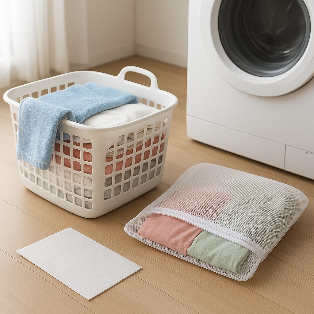 色分けされた衣類を洗濯ネットに入れ、色移り防止シートを用意している様子