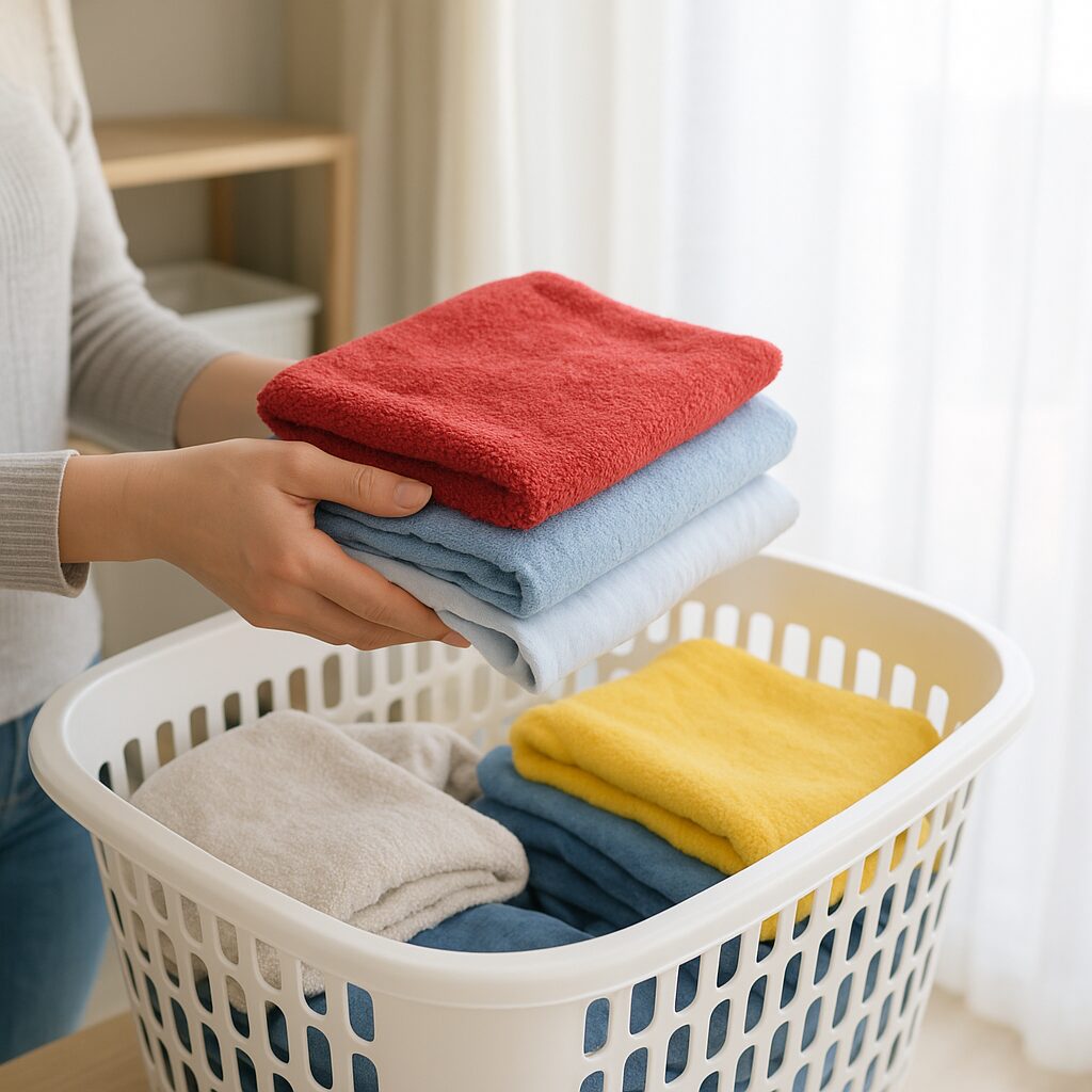 洗濯物を白・淡色・濃色に仕分けしている様子