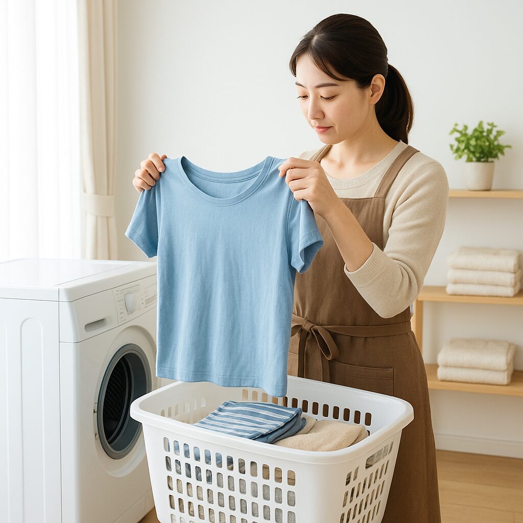 色移り予防のために洗濯表示をチェックしている様子