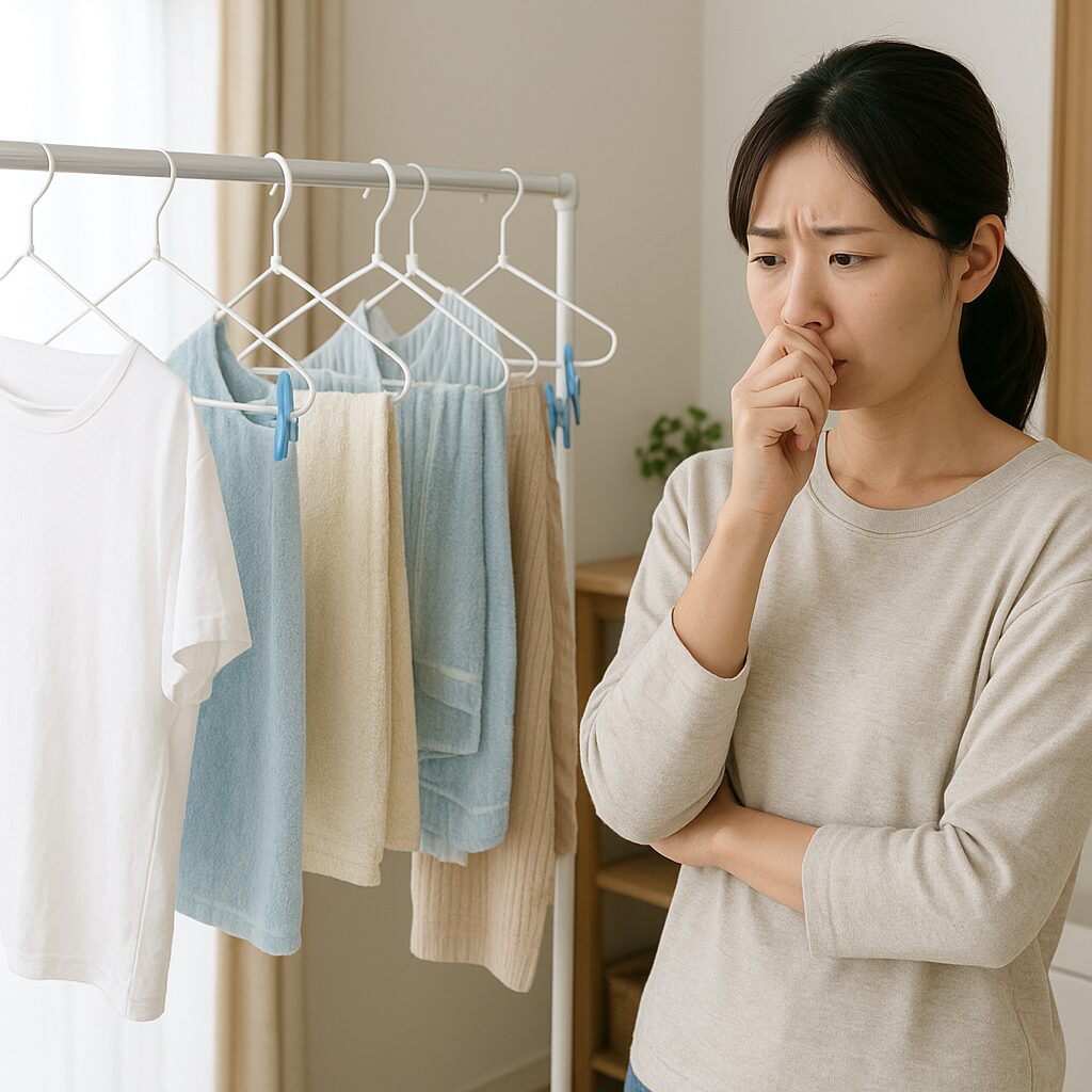 部屋干しの洗濯物と生乾き臭に悩む人のイメージ
