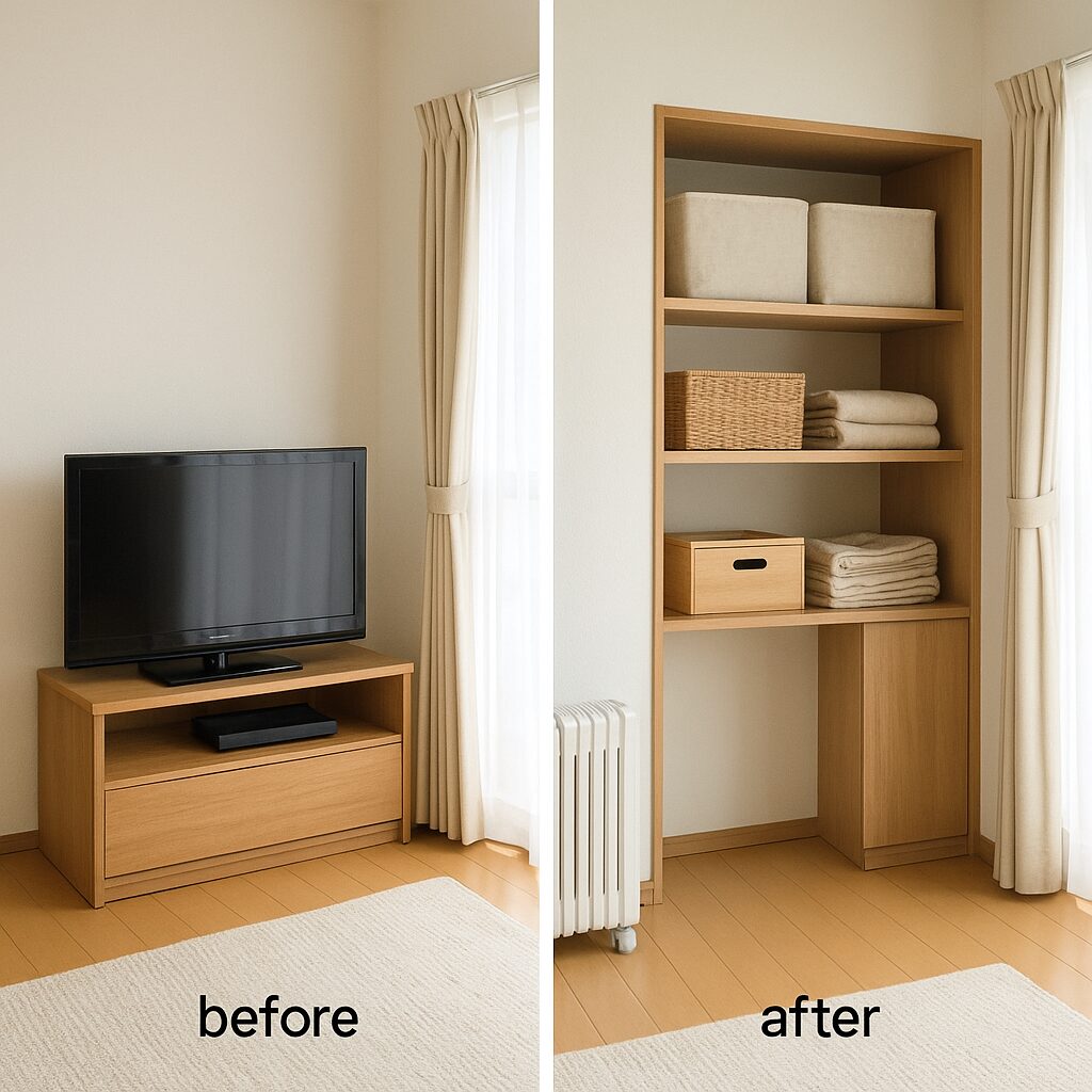 リビングの棚のデッドスペースが収納グッズで有効活用されている様子
